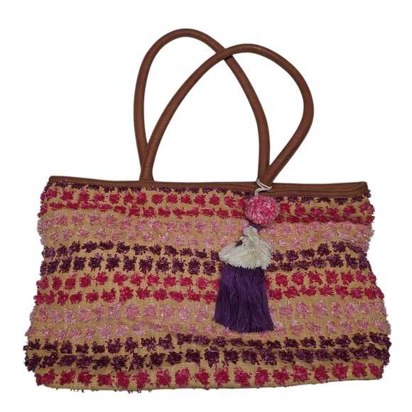 Woven Tote Bag Leather Handles Tassel Pink Purple Accents Interior Pockets Boho - Picture 1 of 8